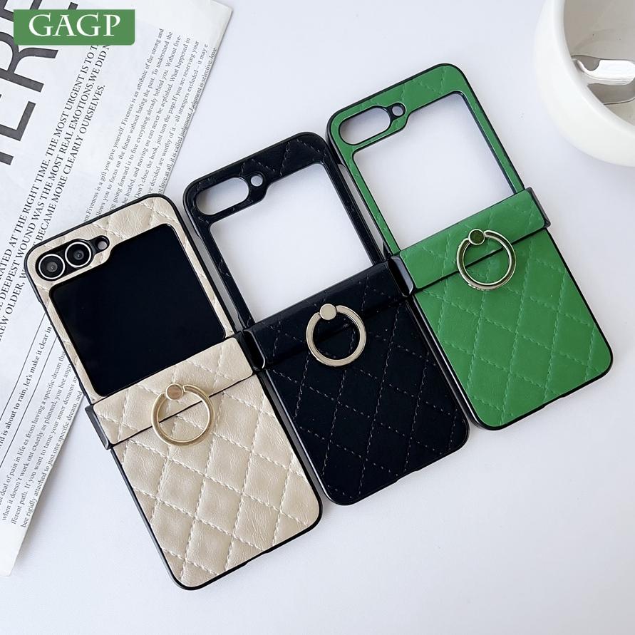 Leather Finger Ring Buckle Case for Samsung Galaxy Z Flip 7 6 5 4 3 Grid Pattern Stand Holder Shockproof for Galaxy Flip 6 Cover