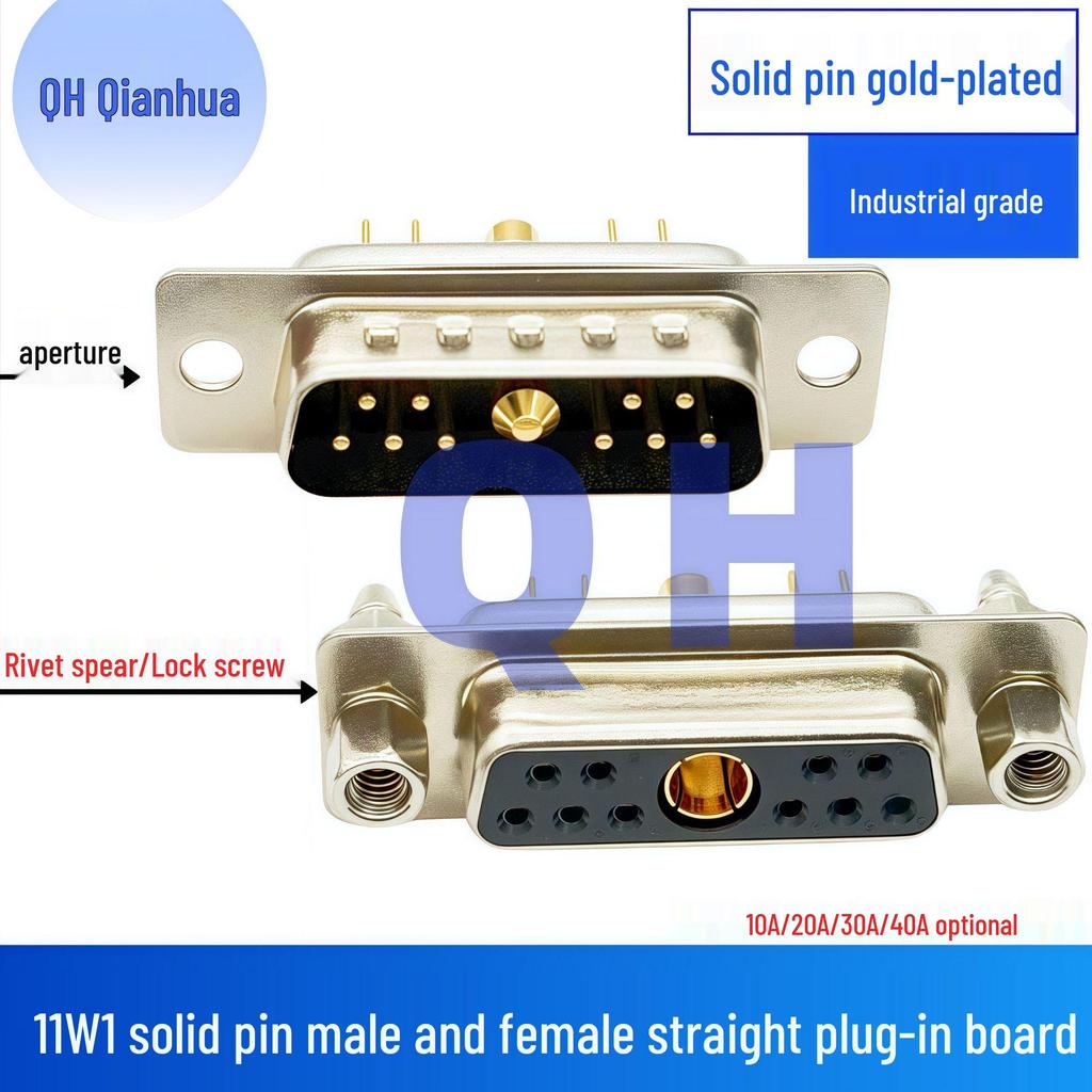 11W1 Male-Female Gold-Plated Solder Plug: High Current, 180° Straight Pin Connector