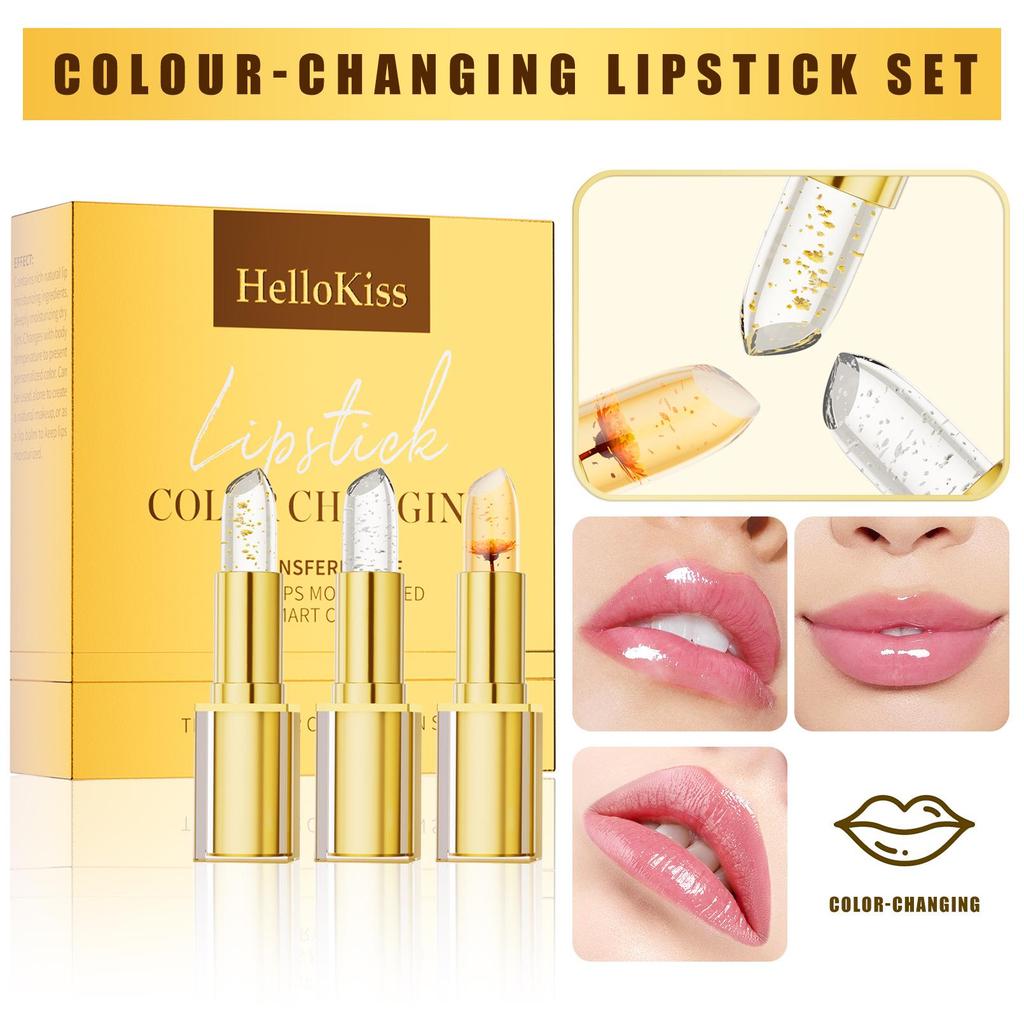 HelloKiss 3-teiliges Farbwechsel-Lippenstift-Set mit Blumeninfusion und Blattgold, einfach aufzutragen und feuchtigkeitsspendend.