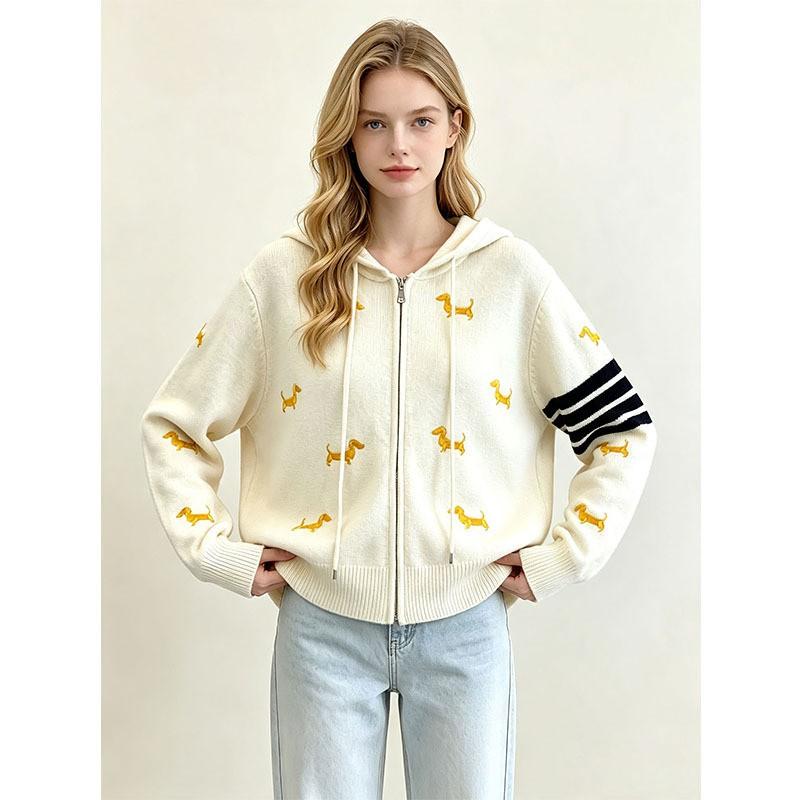 Womens Hooded Knit Cardigan Animal Embroidery Four Stripes Fall Winter Casual Outerwear