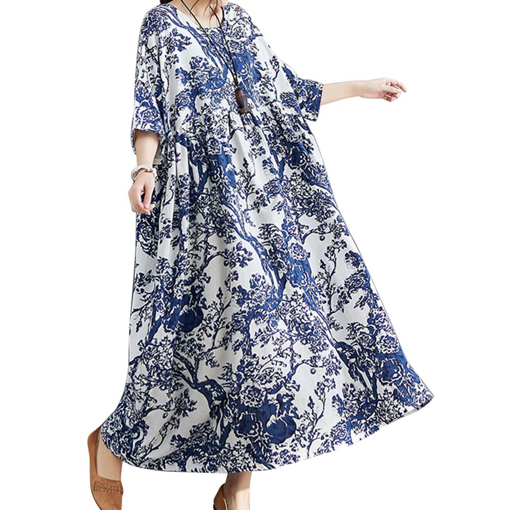 Vestido feminino de linho de algodão com bolsos estampados florais, cano médio, solto, gola redonda, mangas curtas, plus size, casual