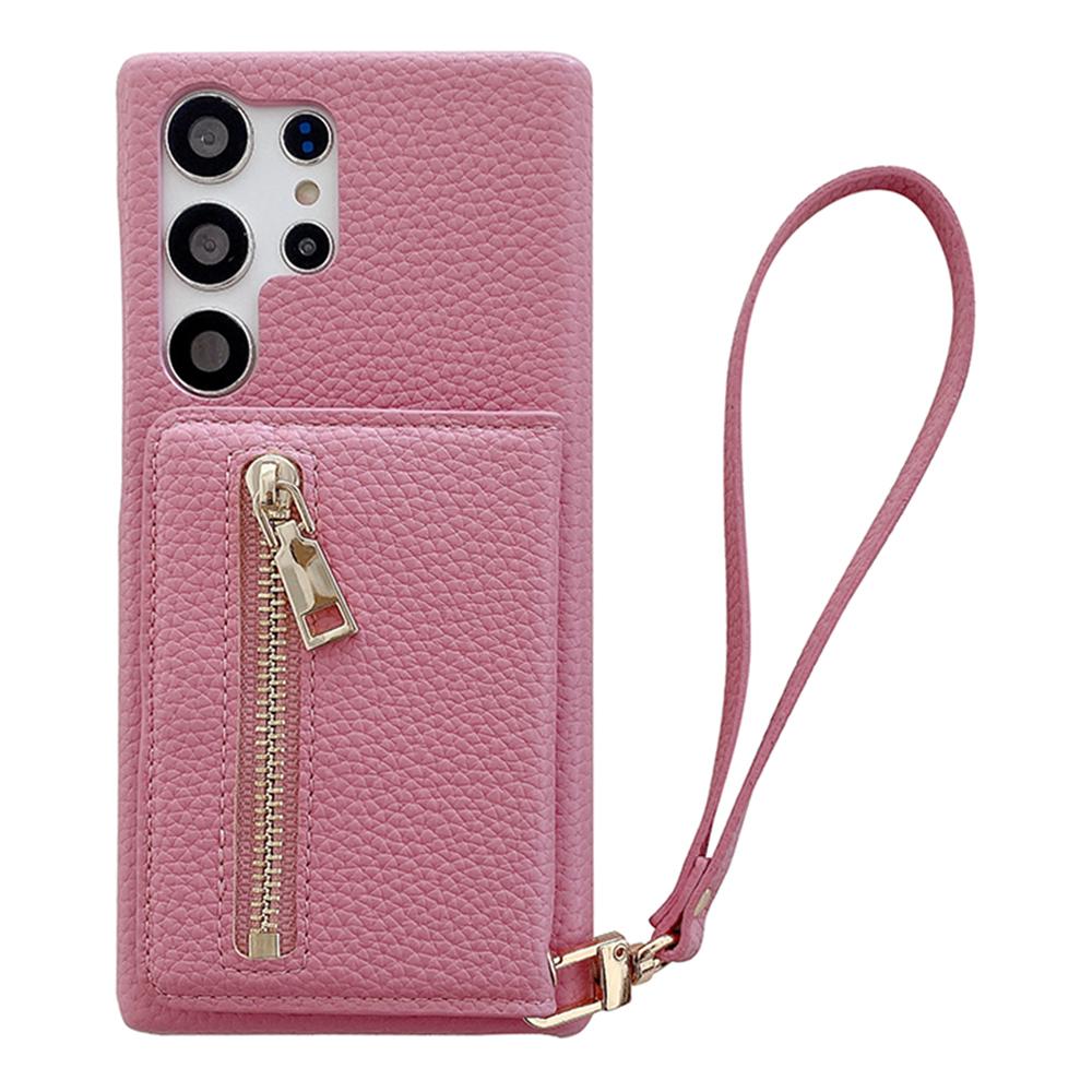 

Чехол для Samsung Galaxy S25 Ultra с отделениями для карт, подставкой, задней крышкой из ПУ кожи с карманом на молнии, ремешком на запястье Pink