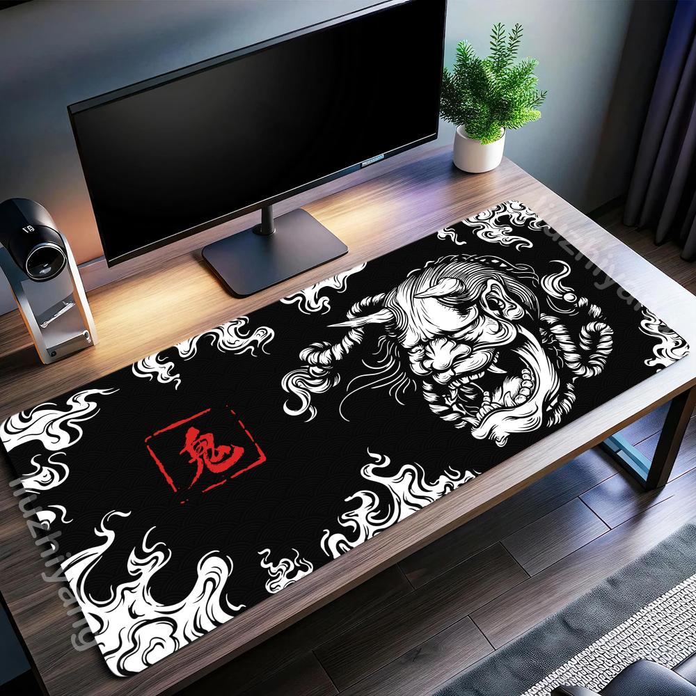 Japanese Hannya Demon Pattern XXL Gaming Mouse Pad Black White Style Non Slip Desk Mat Stitched Edge Desktop Keyboard Mat