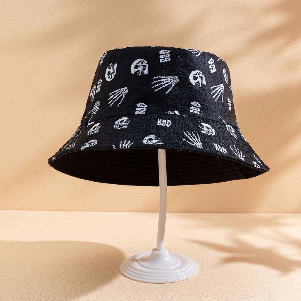 Cross-border Halloween atmosphere, funny hat, fashionable printed rose finger skull fisherman hat, double-sided basin hat
