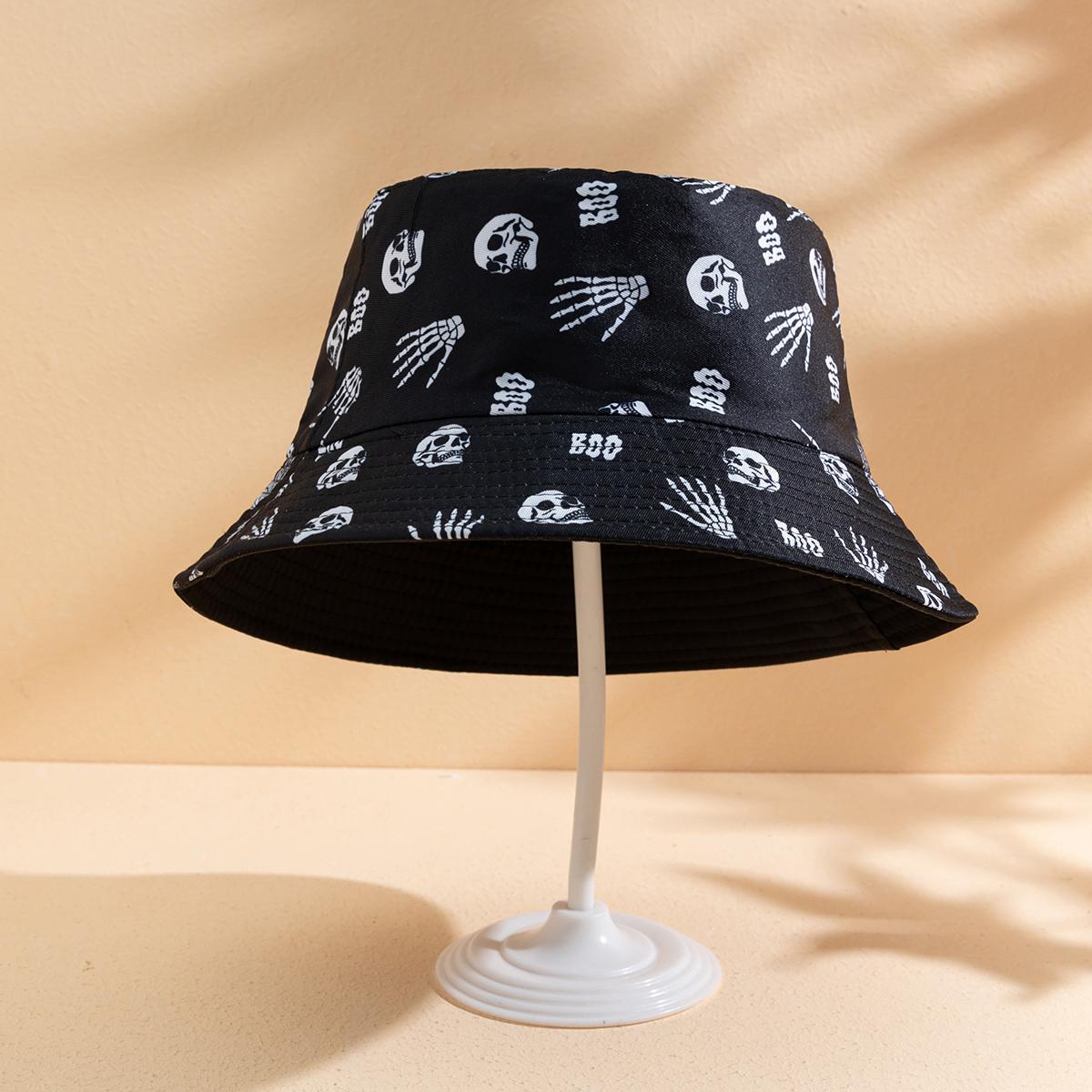 

Cross-border Halloween atmosphere, funny hat, fashionable printed rose finger skull fisherman hat, double-sided basin hat One Size
