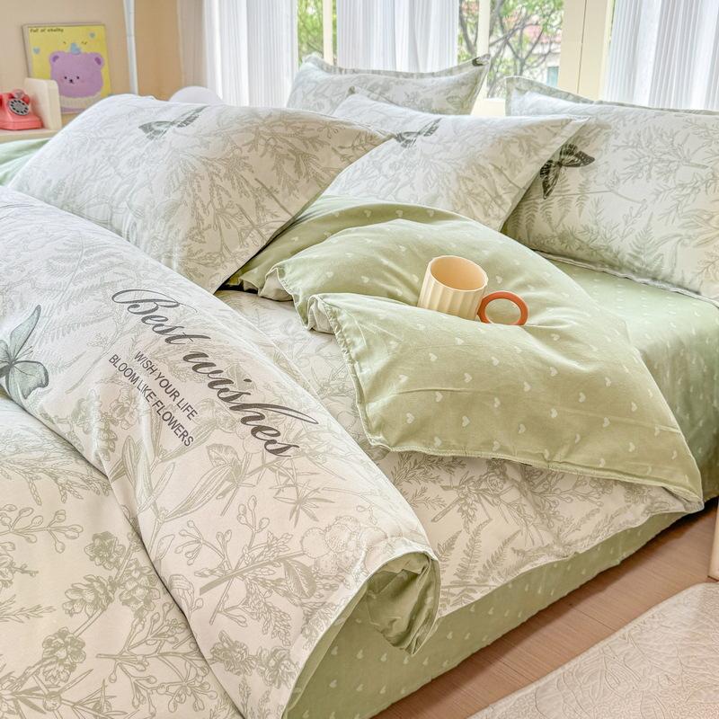 Cotton 4-piece Set Thickened Brushed Fresh Cotton Bed Sheet Quilt Cover Hats Models Dormitory 3-piece Set