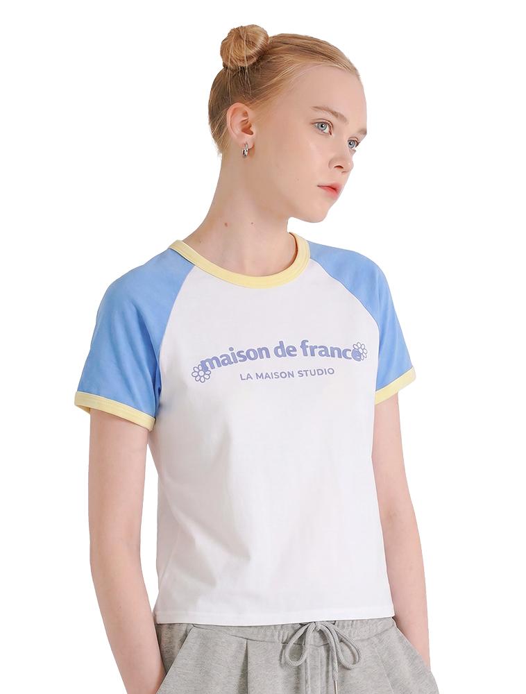 LA MAISON STUDIO Arch Logo Slim Fit Raglan Short Sleeve Whiteblue(Fcg2Ts777W)