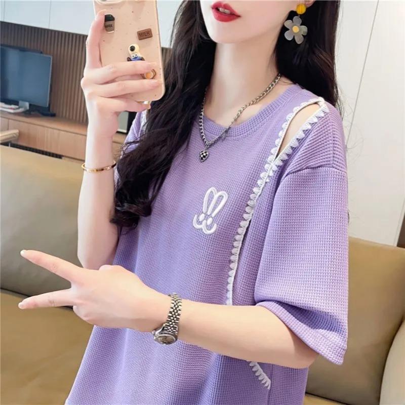 

Waffle Design Summer Sweatshirt for Women, Fashionable and Casual New Korean Style Loose Large Size Top M фиолетовый