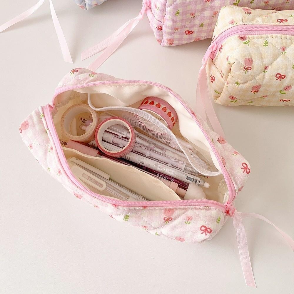 Bow Quilted Pencil Pouch Y2k Flower Pencil Case Desktop Storage Cloth Stationery Bag Student
