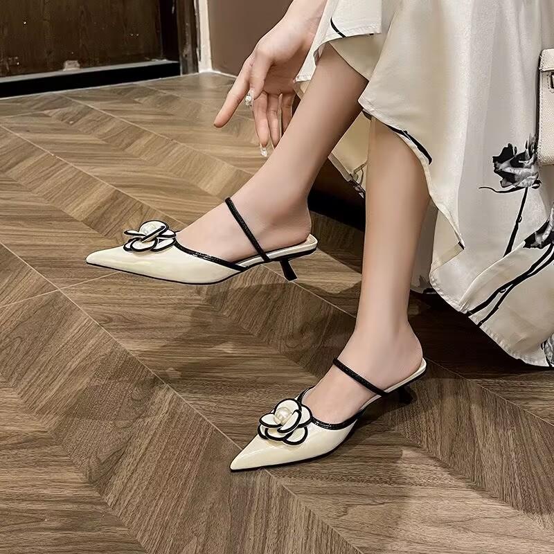 Роскошные туфли на каблуках с острым носком дизайнерские цветочные босоножки женские элегантные модные неглубокие мюли тапочки женские летние сандалии 35 бежевый 3586₽