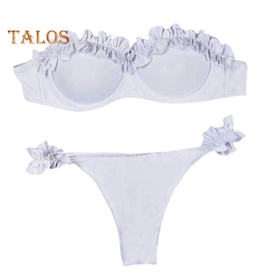 

Женский летний комплект бикини, 2 шт./компл., комплект бандо, бюстгальтер с рюшами и трусами со средней посадкой, купальный костюм с эффектом пуш-ап, разделенный дизайн, купальник M белый