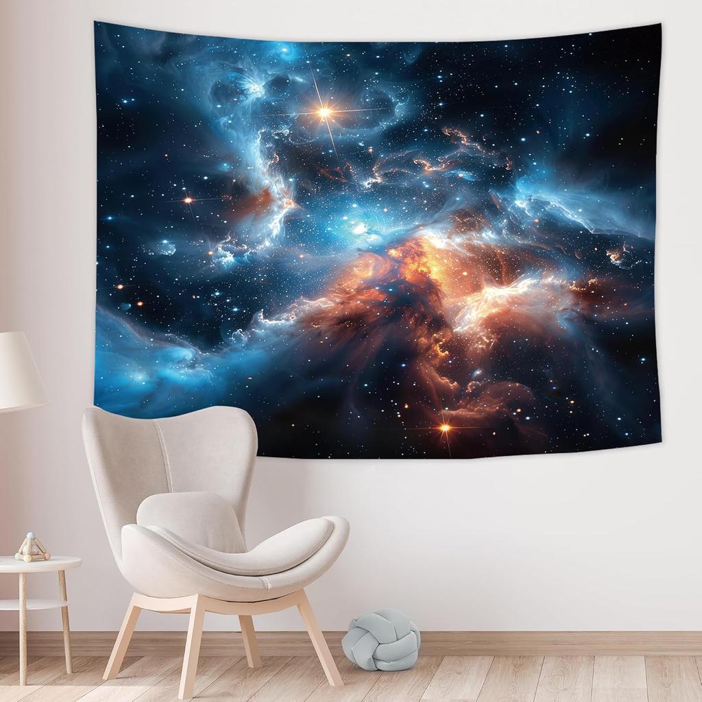 Riyidecor Galaxy Nebula Tapestry 59Wx51H Inch Outer Space Blue Starry Sky Night Fantasy Cosmic Universe Solar System Mystical Wall Hanging for Kids