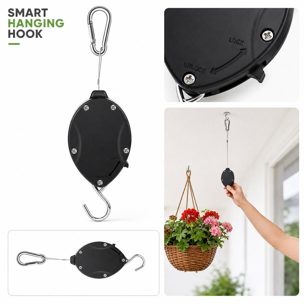 Adjustable Retractable Hanging Basket Hook with 160cm Steel Wire Extension for Garden Plants and Outdoor Use with Carabiner and Metal Hook