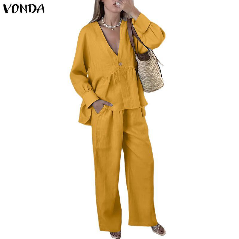 VONDA Two Piece Suit Women Deep V Neck Long Sleeve Blouse and Pants Casual Sets
