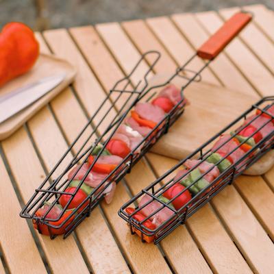 Kabob-cesta para asar con mango de madera, acero inoxidable, portátil, antiadherente, verduras, camarones, carne, perrito caliente, parrilla, red, herramientas para barbacoa