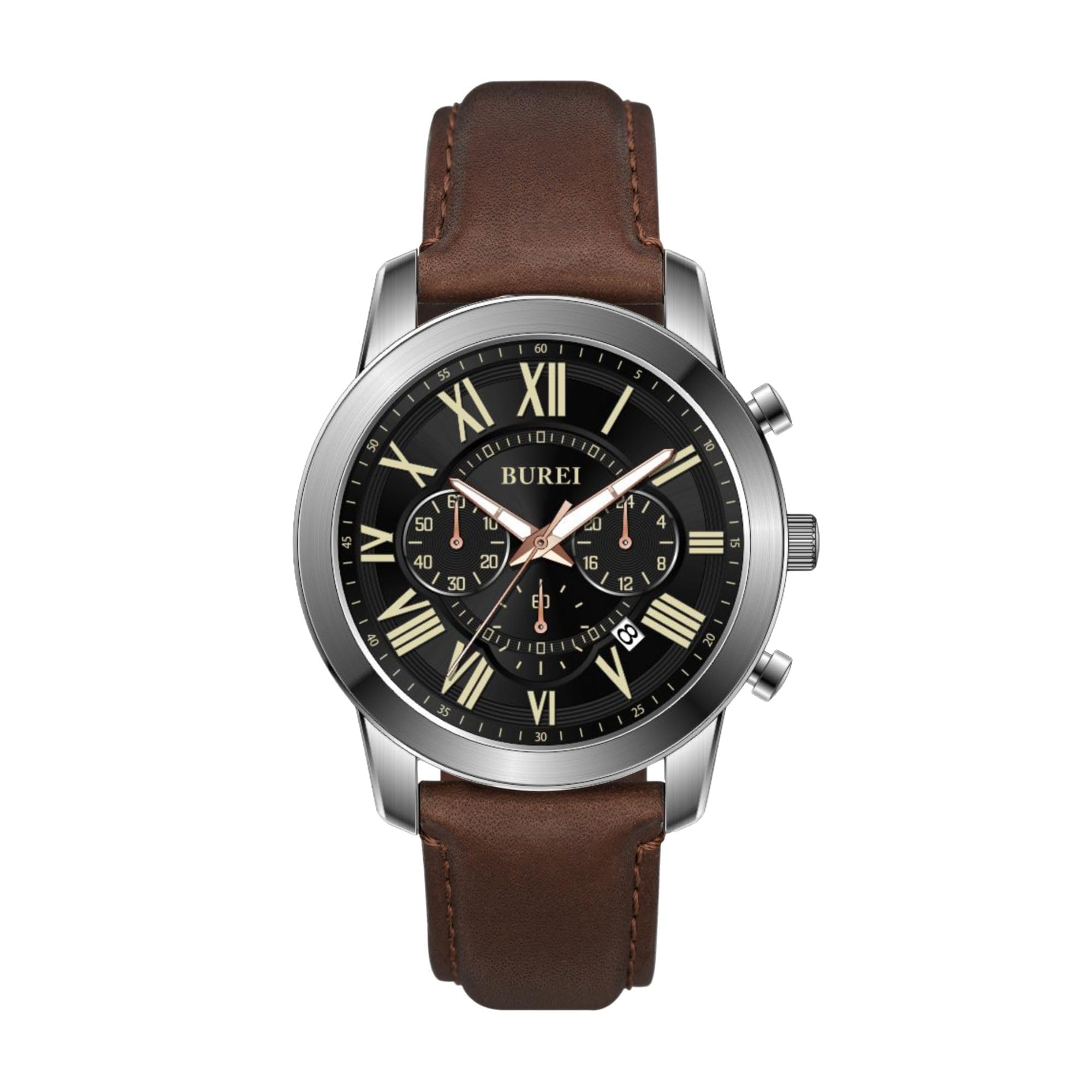 

Analog Quartz Date Easy to Simple Business Roman Brown Leather Day Watch [BUREI] Men s Watch, Waterproof, Display, Lightweight, Chronograph, Read,