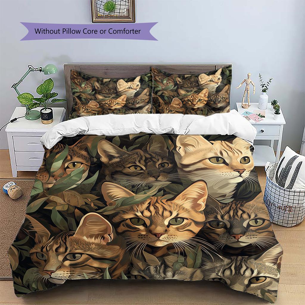 Bengal Cat and Grassland Pattern Bedding Home Decoration Birthday Gift (1 * Duvet Cover + 2 * Pillowcase, Without Core)