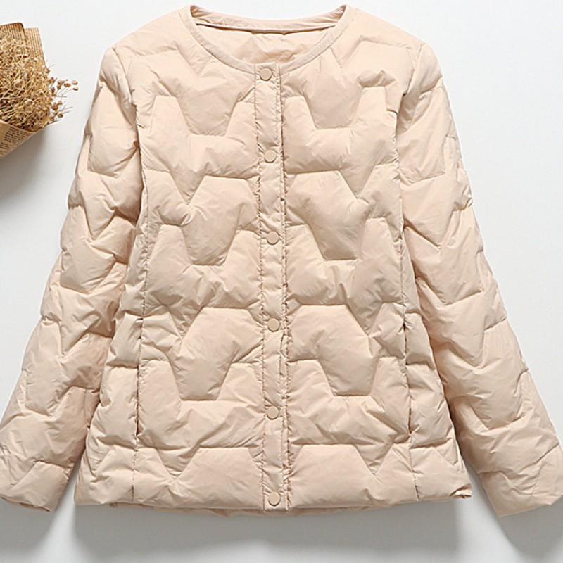 Womens Lightweight Quilted Down Jacket Short Puffer Coat Round Neck Single Button Casual Winter Outerwear