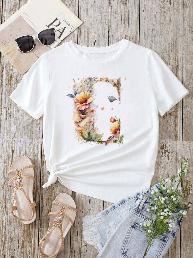 Custom Name Letter Combination Fashion Women T-shirt Floral Letter Font A B C D E F G Short Sleeve Tops White T-shirt