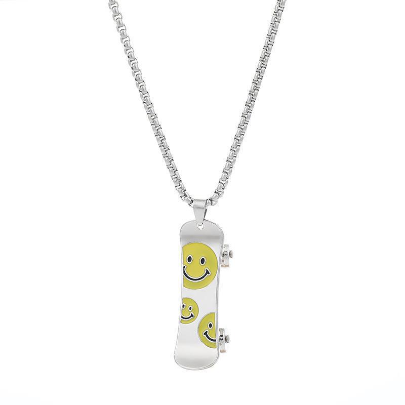 Titanium Steel Hip Hop Cartoon Smiley Skateboard Pendant Necklace for Men & Women