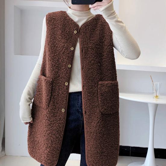 Women's  Autumn Winter Vest Coat Round Neck Loose Mid-length Sleeveless Single-breasted Pockets Cardigan Warm Thick Outerwear Vest