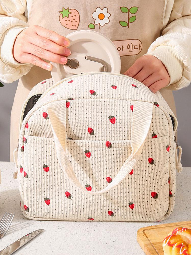 1PC Autumn and Winter Lunch Bag, Portable Hand-held Insulated Bento Bag, Corduroy Strawberry Meal Bag, Ice Pack