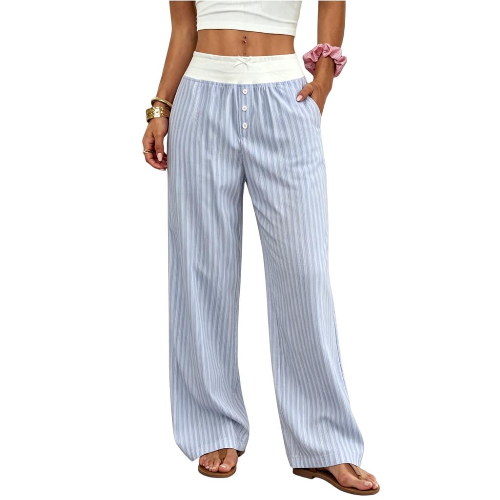 Women’s Wide Leg Lounge Pants High Waist Drawstring Elastic Waistband Loose Fit Striped Lightweight Trousers Casual Wear