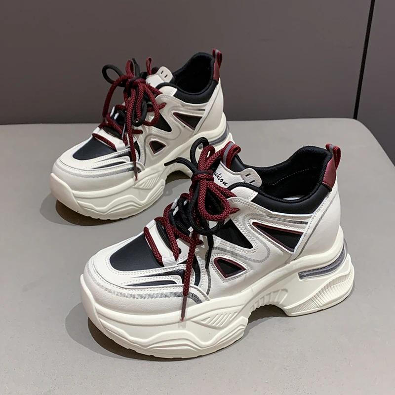 Fashion Mix Color Platform Sneakers Women Spring Pu Leather Thick Bottom Vulcanize Shoes Female Lace-Up Non-Slip Sports Shoes Ladies
