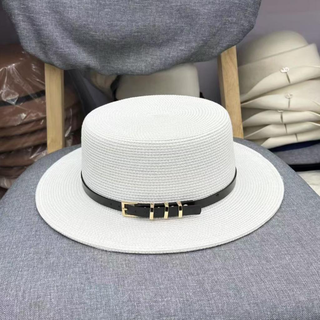 Sunscreen straw hat women's sunshade belt buckle flat top hat top hat traveling shopping straw hat fashion versatile