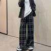 Women's Black & White Plaid Wide-Leg Trousers - Loose Fit, Floor-Length, Perfect for Spring/Autumn