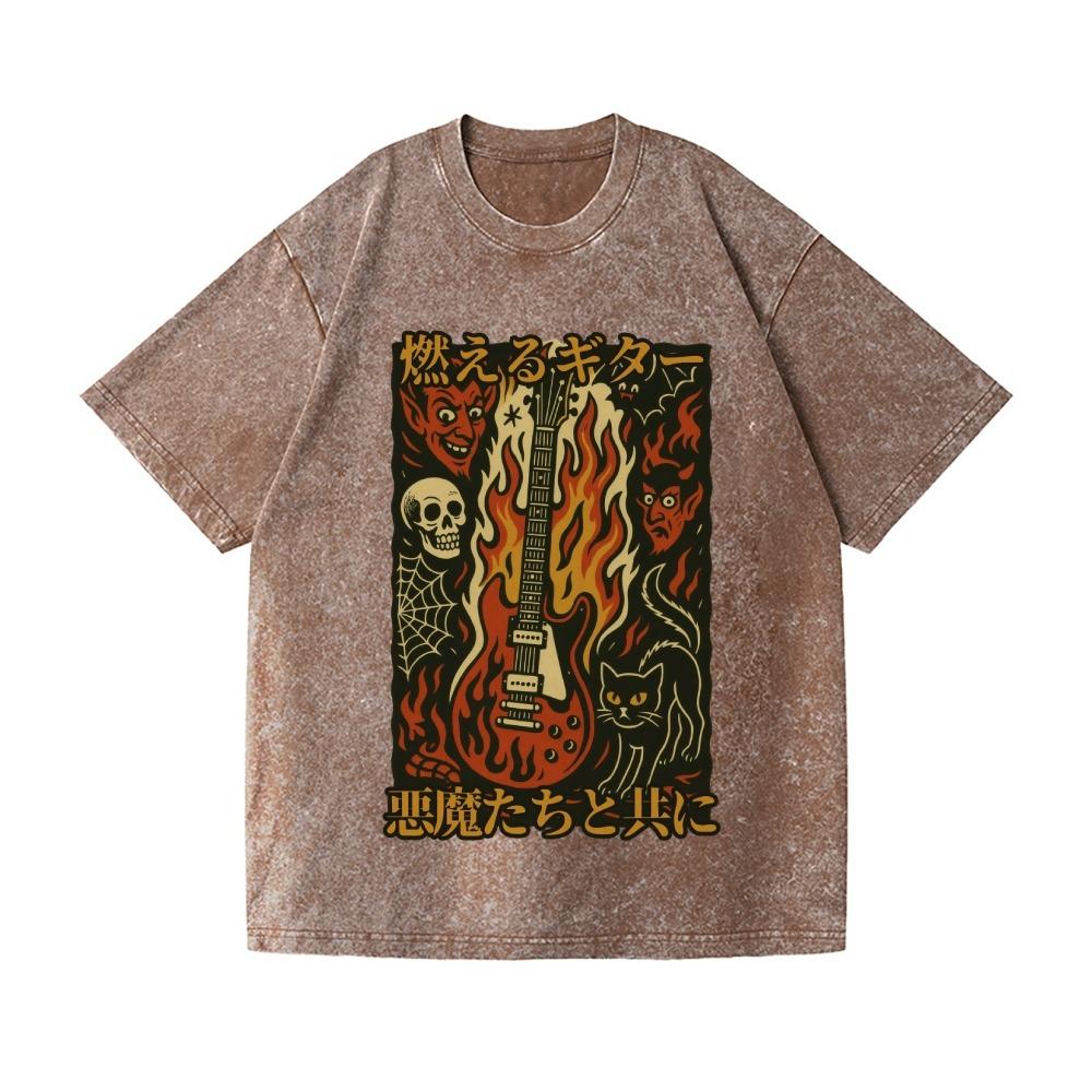 Halloween Fashion Summer Tees Vintage Flame Guitar Skull Wash Japanese Design TShirt Kpop Clothes Korean Gothic Tops