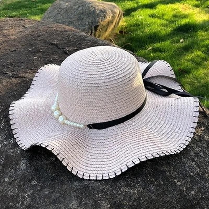 Women Hats Big Wide Brim Straw Hat Pearl Beach Sun Cap Outdoor Sun Bow Hat Summer Holiday Travel Cap Designer Straw Hats