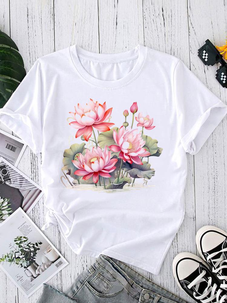 (Asian Size) sweet lovely flower Tee Fashion Print Casual Top O-neck Short Sleeve T-shirts T Graphic Female Women's Clothing