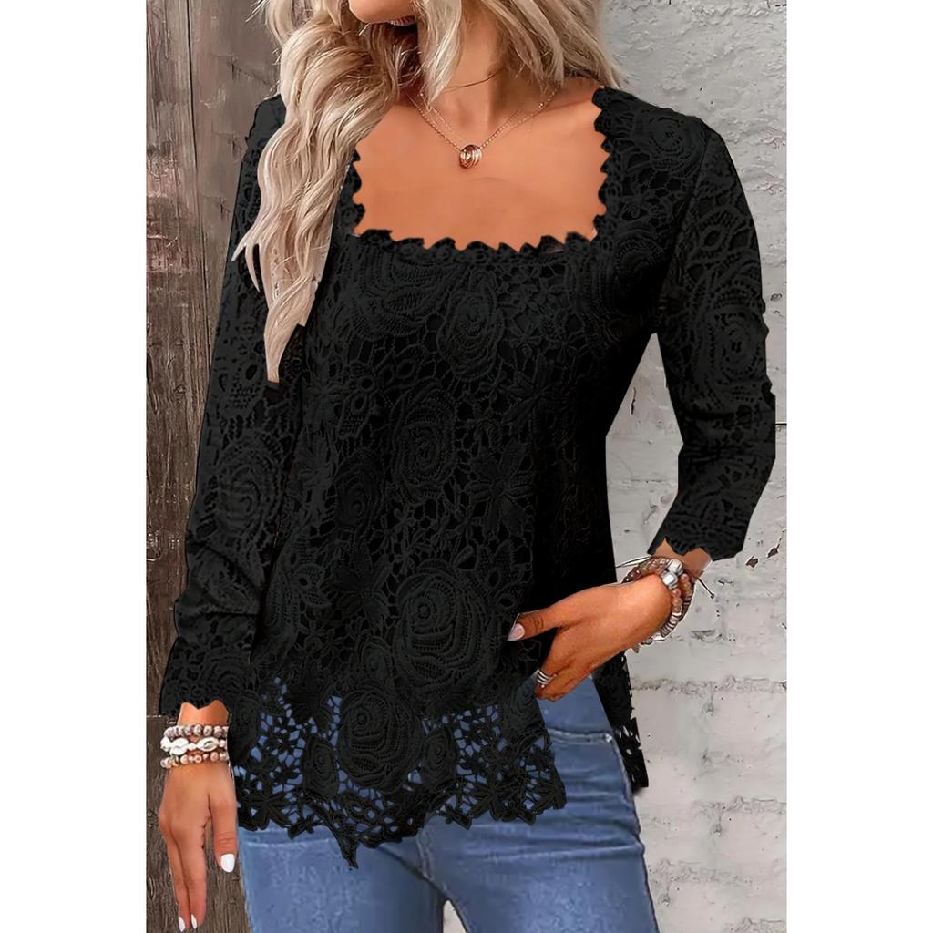 Autumn Winter New Women's Long Sleeve Top, Square Neck U-Neck Lace Base Shirt Blouse for European American Foreign Trade