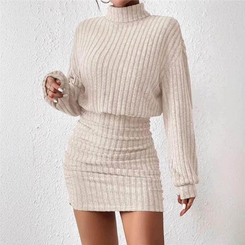 

New Hip-Hugging Long-Sleeved High-Neck Knitted Dress Apricot [Ready in Stock] 2XL