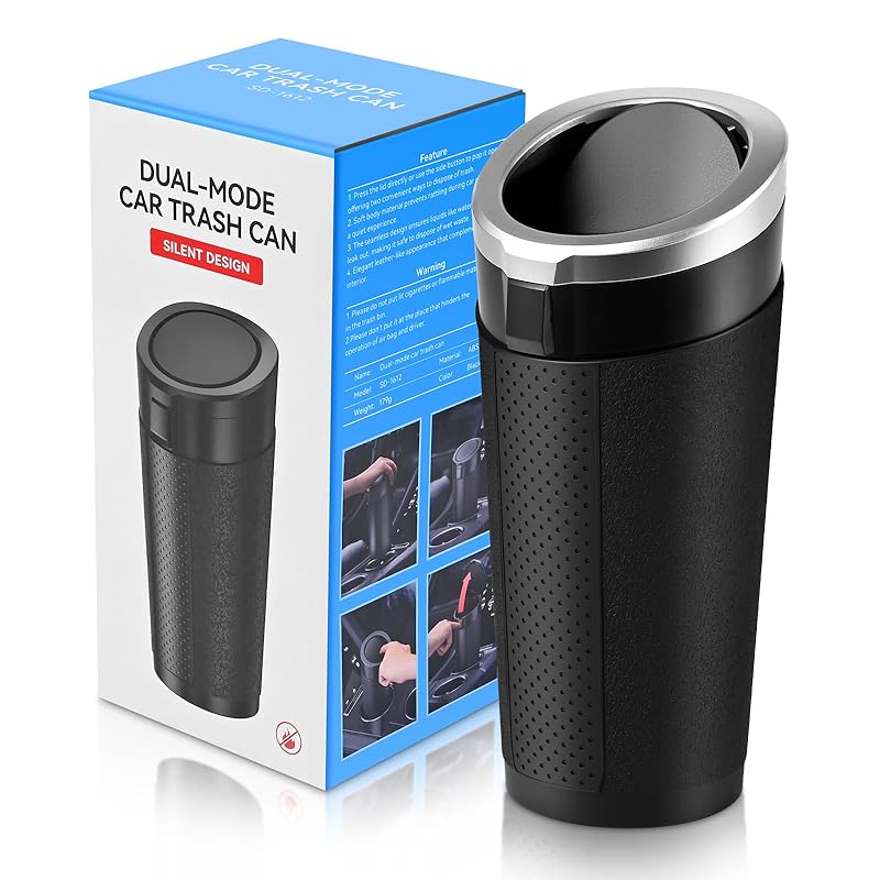 Car Trash Can Bin With Lid, Mini Leakproof Garbage Can For Vehicle, Cup Holder Trash Can, Small Trash Bin For Cars, Home, Bedroom, Office (Black 01)