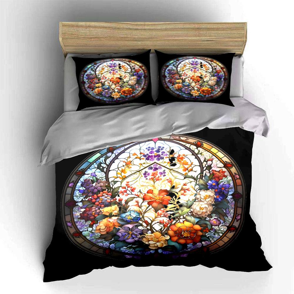 Floral Stained Glass Decor Set Multiple sizes kid's and adults' bedroom Exquisite 3PC bedding set gift