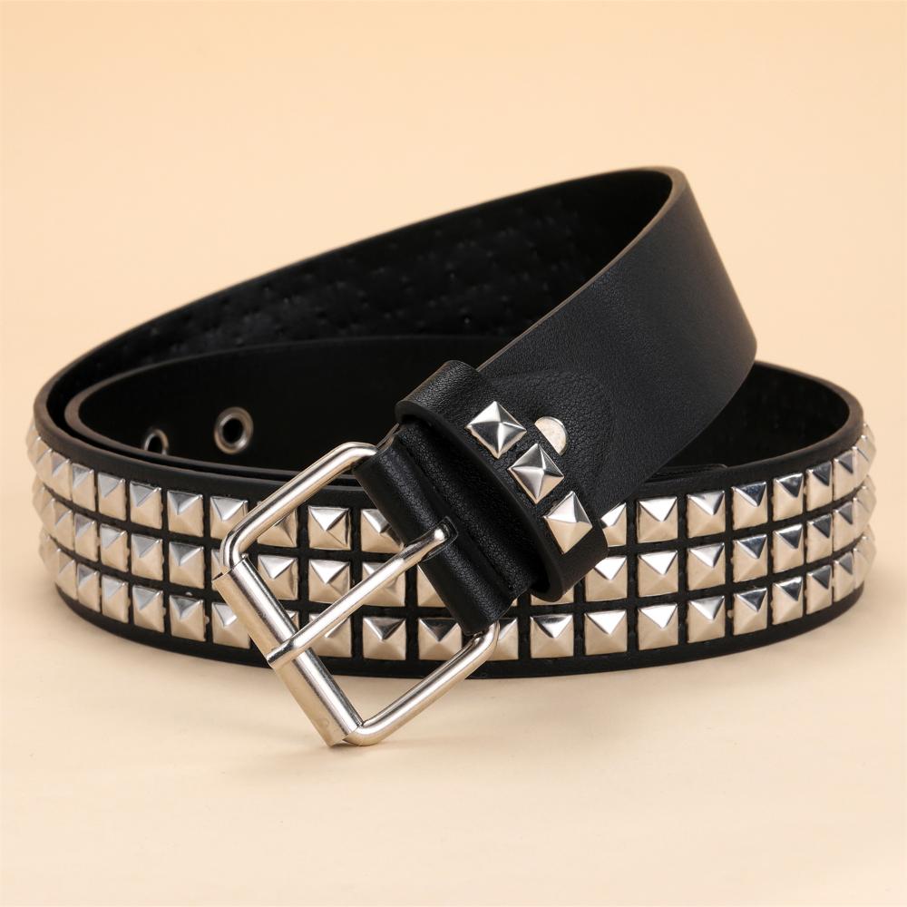 Black Rivet Punk Style Belt with Bright Metal Pyramid Decoration, Suitable for Men and Women