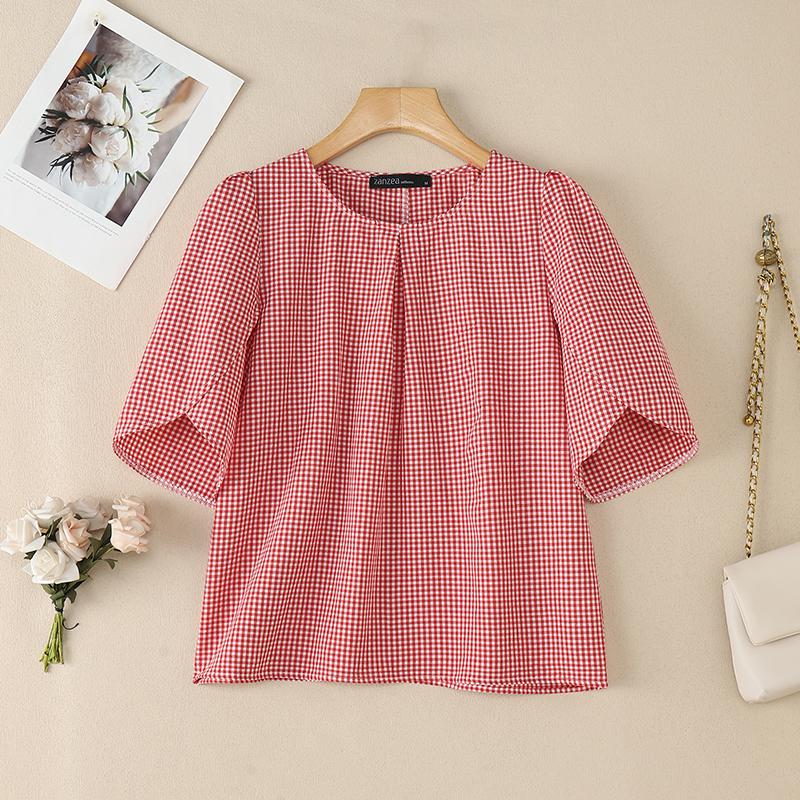 

ZANZEA Women Round Neck Half Sleeve Grid Print Casual Blouse 5XL червоний