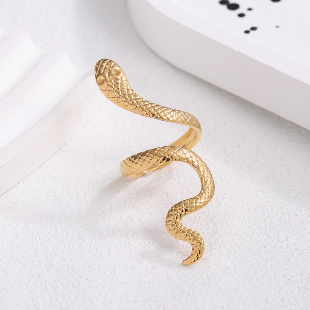 Gold-Plated Snake-Shaped Titanium Steel Adjustable Ring for Women - Retro, Colorfast, European & American Fashion.