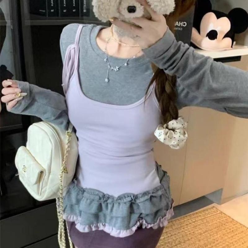 2KWEIRD Korean Woman T Shirts Fake Two Chic Tees Long Sleeve O-neck Ruffles Sweet Camisetas Bandage Casual Y2k T-shirts