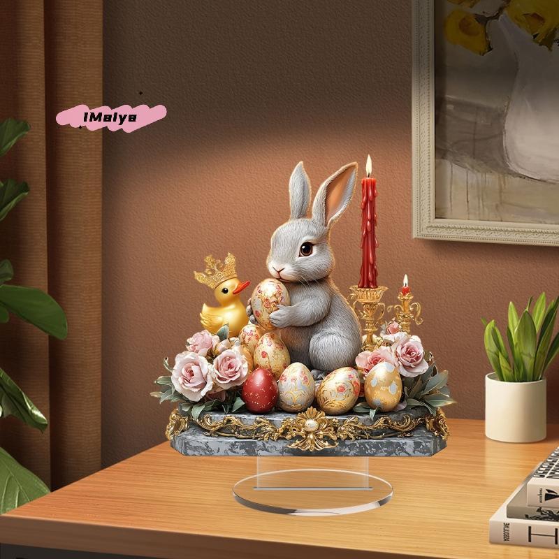 M-Easter Egg Shaped Cottage Rabbit Acrylic Ornament 2D Flat Cute Rabbit Desktop Ornament Easter Gift
