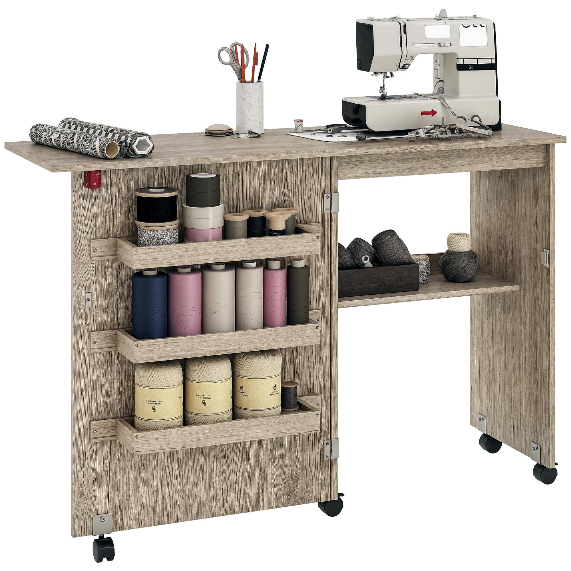 Masă de cusut pliabilă mobilier de cusut cu blat extensibil, cutii de depozitare, raft deschis și rotile efect lemn griat 117 x 40 x 77.5 cm