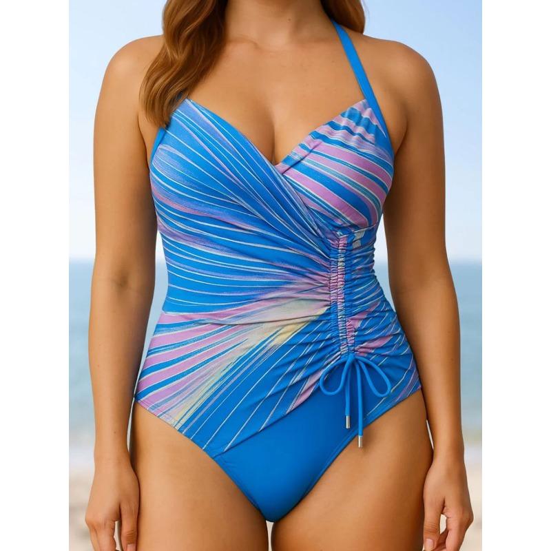 Costume da bagno intero a righe sfumate con scollo a V e coulisse Controllo pancia Taglio alto