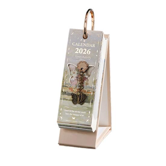 2026 Vintage European Style Oil Painting Flip Calendar Desktop Flip Calendar with Butterfly Charm Aesthetic Desk Organizer for Home Living Room Decor