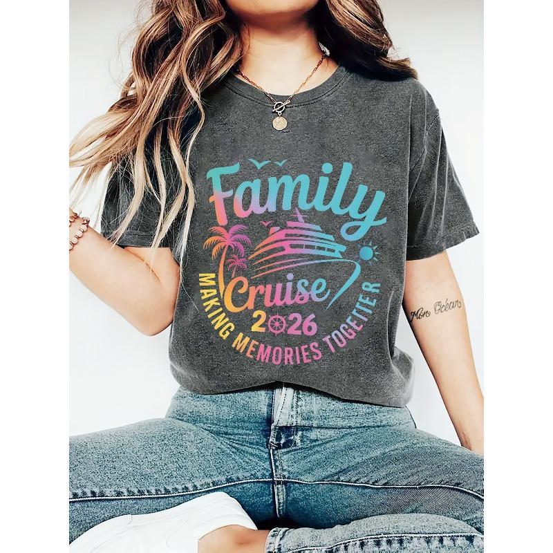 Women's Family Cruise Printed T-Shirt - Soft Machine-Washable Round Neck Top with Cruise-Themed Nautical Graphics,