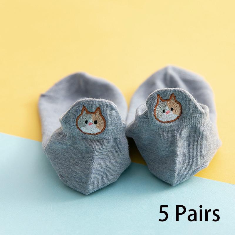 5/10 Pairs Women's Ankle Socks Cartoon Embroidery Cat Funny Short Socks Fashion No-Show Low Cut Soft Casual Female Boat Socks