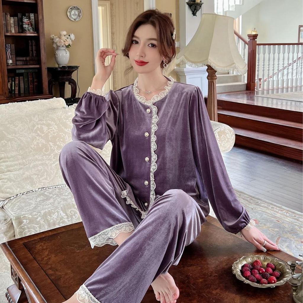 Goldener Samt Langarm Pyjama für Damen - Herbst Atmungsaktiv, Sexy Leichter Luxus Französischer Stil.