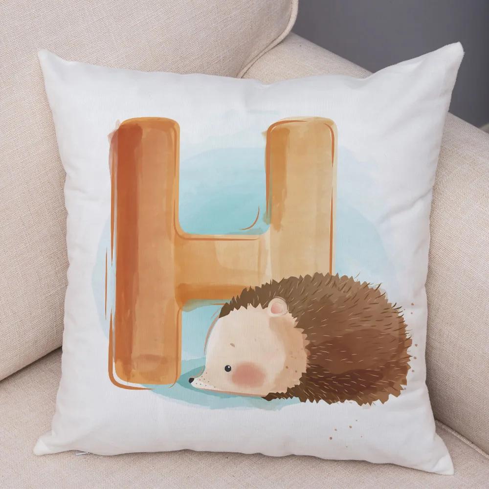 Cute Cartoon Animal Cushion Cover for Children Room Water Color English Letter Print Pillow Case Short Plush Pillowcase 45x45cm