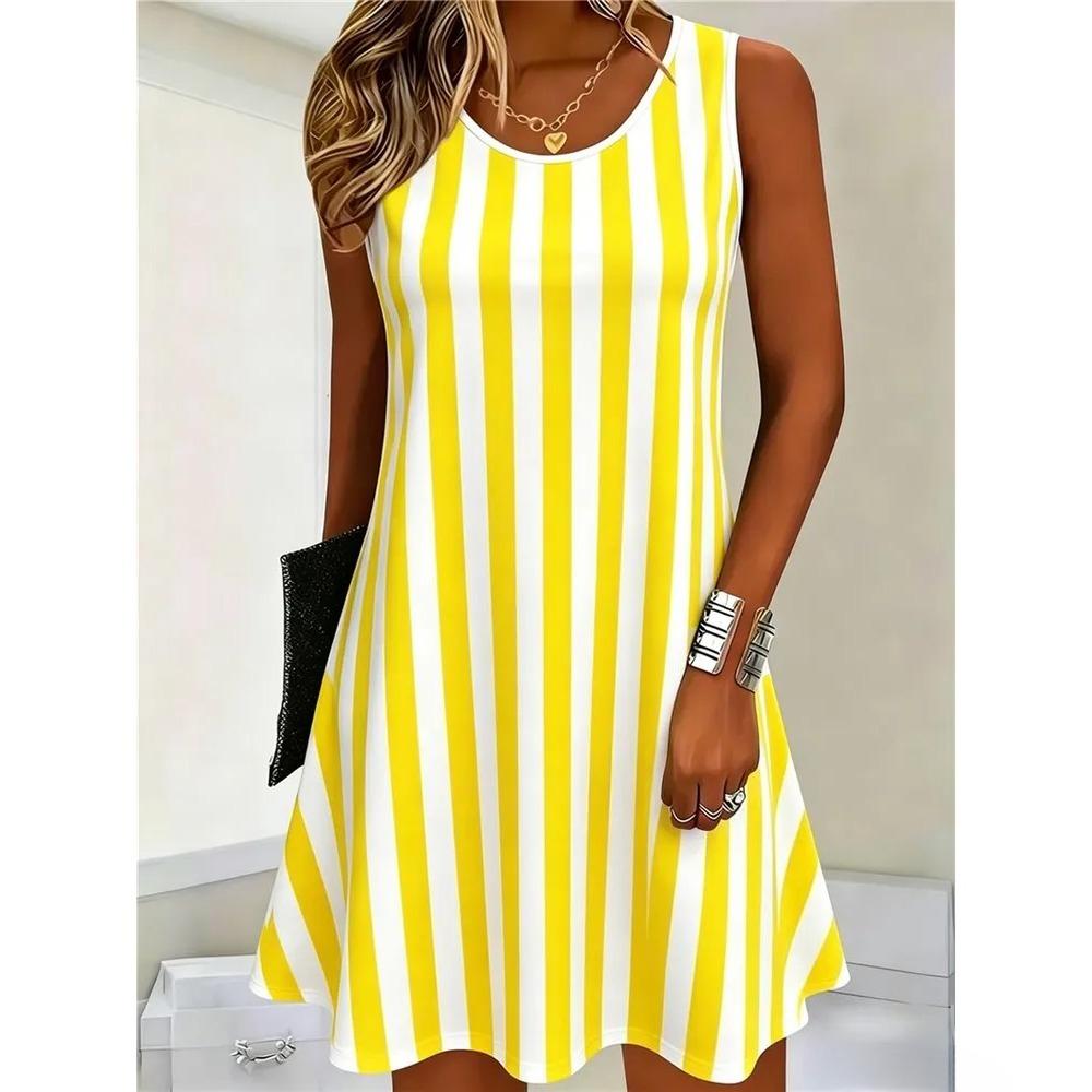 Sommer Damen Rundhals Ärmelloses Kleid Kreatives Streifenmuster 3D Übergröße Urlaubs Kleid Modisch Bequem Weich Atmungsaktiv Minikleid